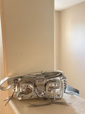 Metallic Silver Crossbody Bag with Buckle & Pockets